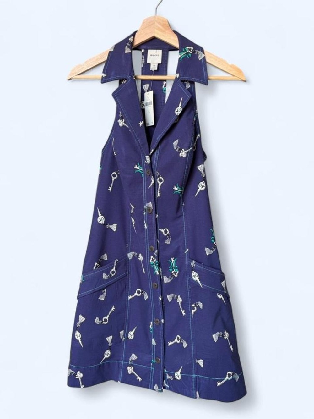 NWT Anthropologie Navy Blue Key-Print Collared Halter Mini Dress